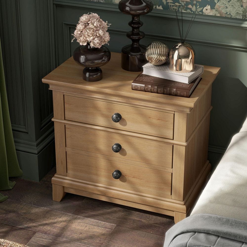 Natural Oak 2-Drawer Solid Wood Nightstand with Metal Knobs