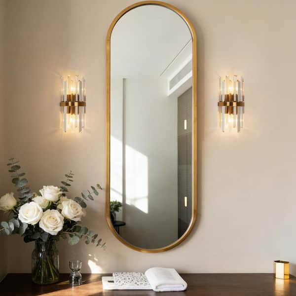 Modern 6 in. 2-Light Plated Brass Crystal Wall Sconce for Hallway Living Room, Glam Damp-Rated Bathroom Vanity Light