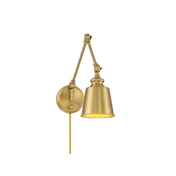 Savoy House Meridian 5.75 in. W 1-Light Natural Brass Farmhouse Wall Sconce with Metal Shade, Cord and Plug Included (Set of 2)