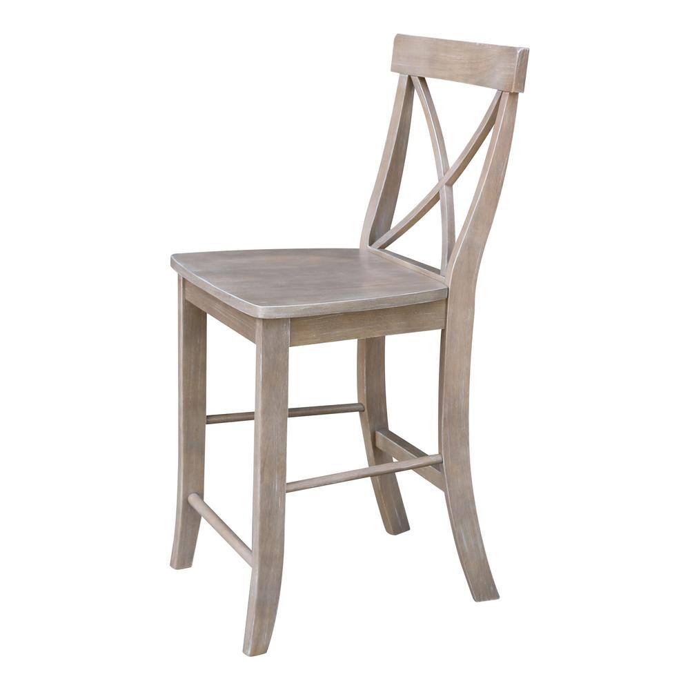 Washed Gray Taupe X-Back Solid Wood Counter Stool
