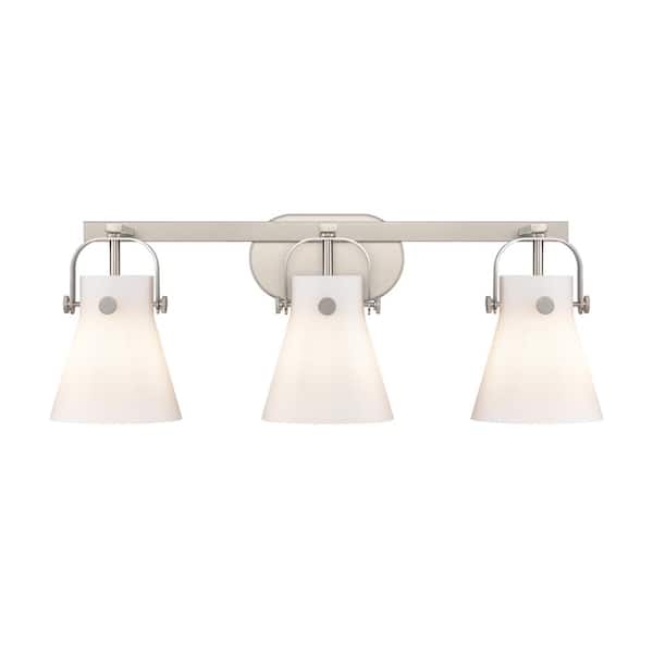 Pilaster II Cone 26.5 in. 3-Light Satin Nickel Vanity Light with Glass Shade