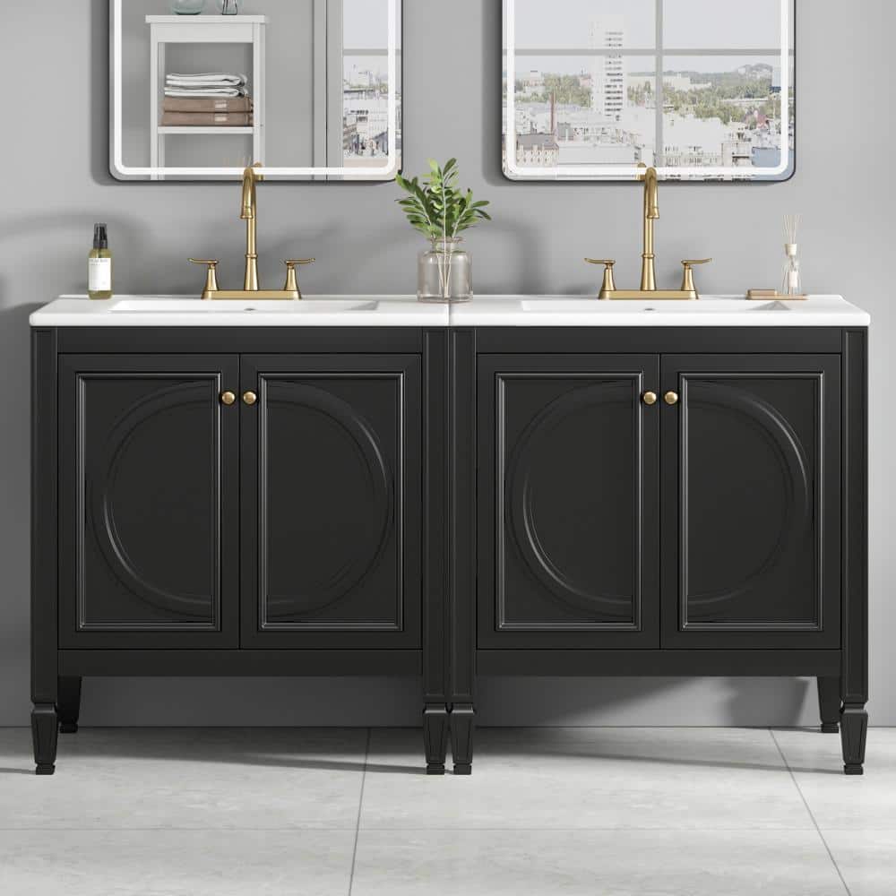 60 in.Double Sink Black Fluted Freestanding Bathroom Vanity with White Ceramic Top,4 Soft-Close Door,2 Drawer price history on PriceWatchPro