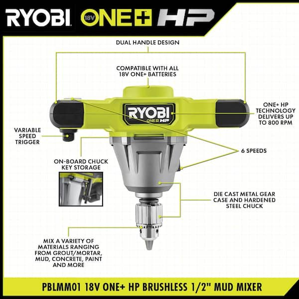 RYOBI ONE+ 18V HP 1/2 in. Brushless Cordless Mud Mixer (Tool Only) PBLMM01B  - The Home Depot