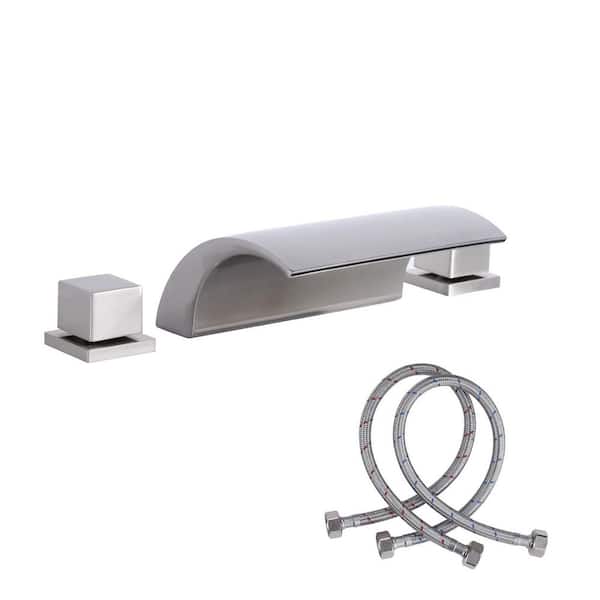 Double Handle Deck Mounted Brass Waterfall Roman Tub Faucet High Flow Garden Tub Filler in Brushed Nickel