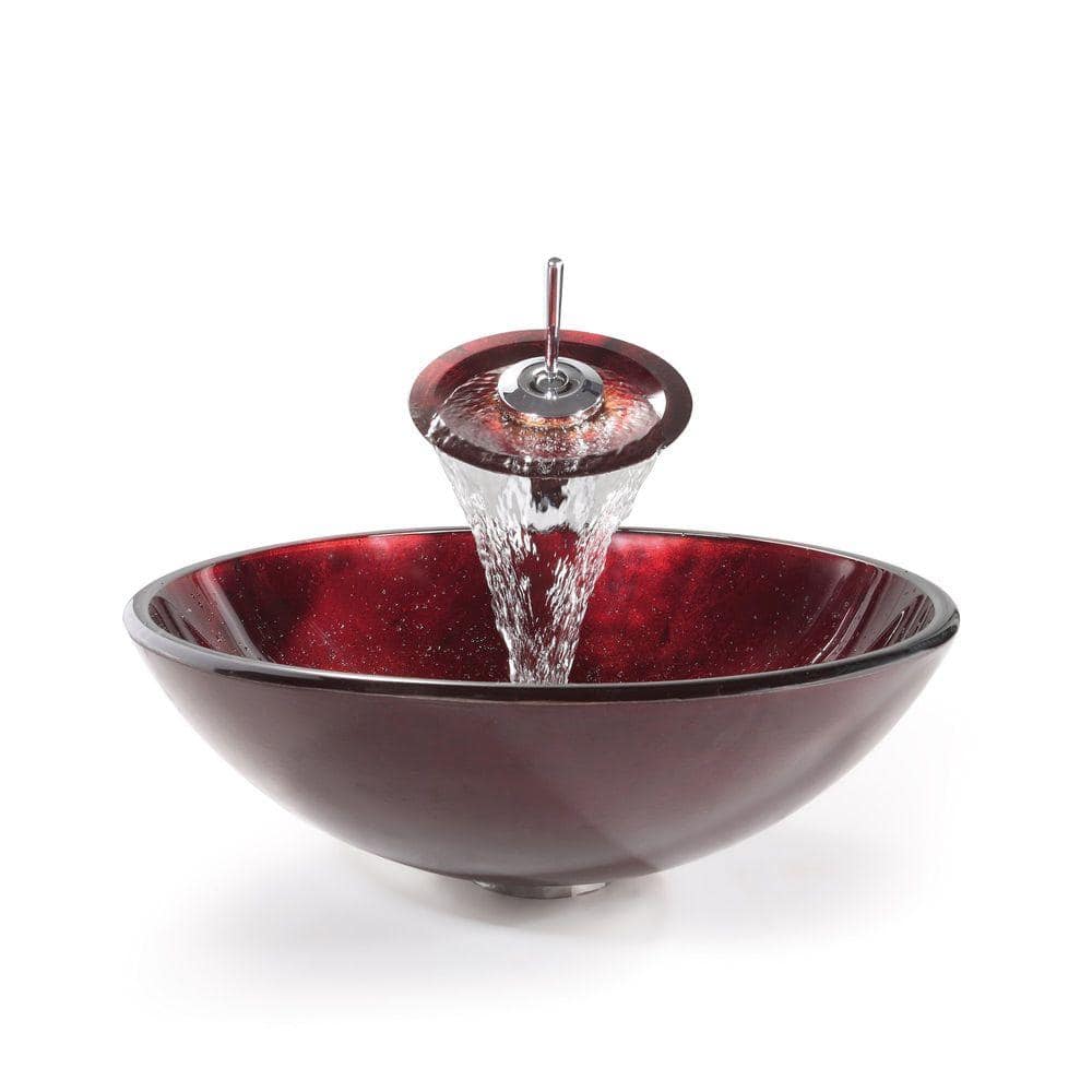 Red Glass Circular Vessel Sink with Chrome Faucet