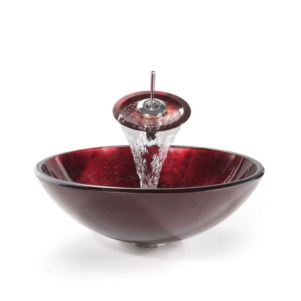 Kraus C-GV-200-12mm-10CH Irruption Red Glass Vessel Sink and Waterfall Faucet Chrome