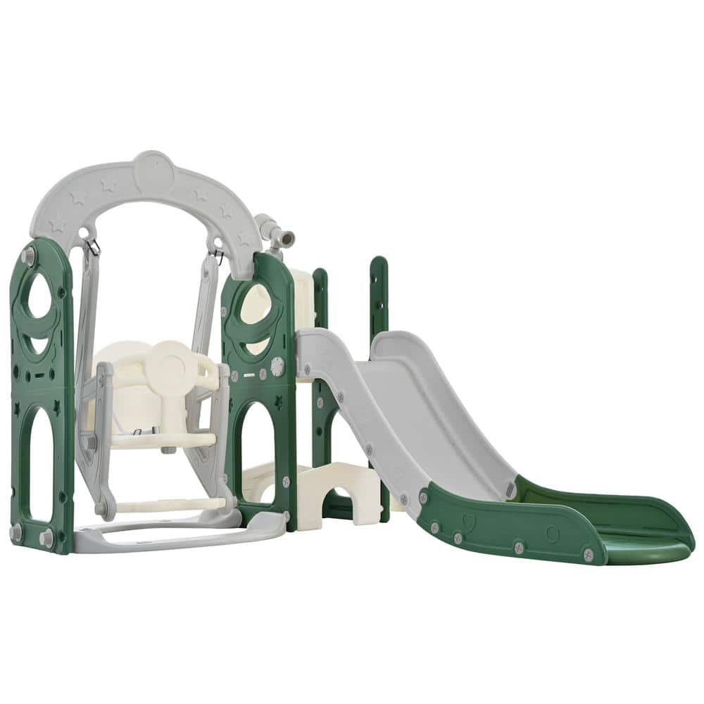  Green and Gray 5-in-1 Freestanding Playset with Telescope, Slide and Swing Set