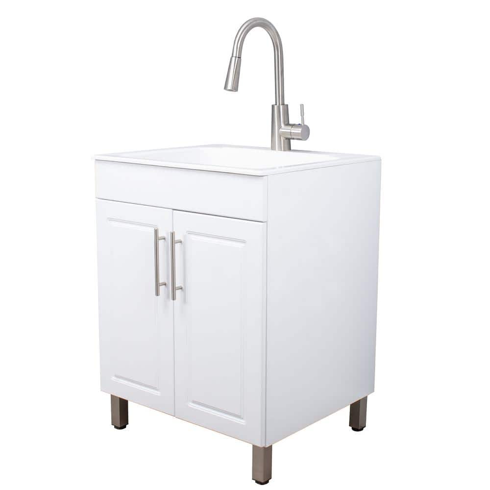 25 in. x 22 in. x 33 in. White Utility Sink with Metal Hybrid Stainless Steel High Arc