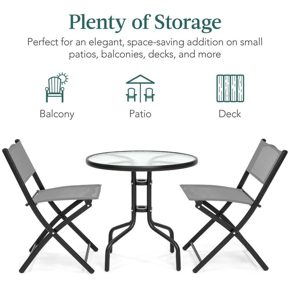 Gray 3-Piece Patio Bistro Set with Glass Tabletop and Folding Chairs