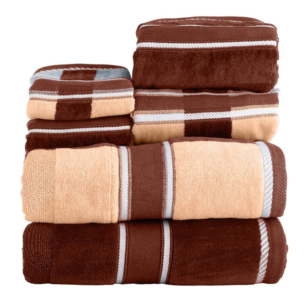 6-Piece Brown Striped 100% Cotton Bath Towel Set