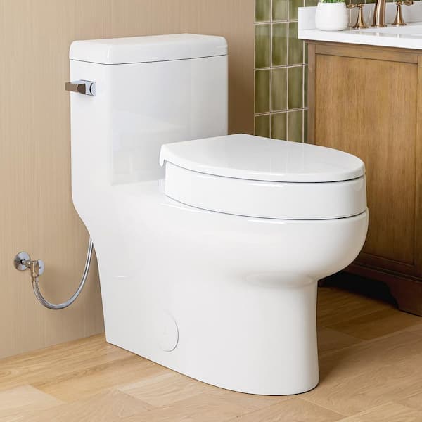 (1-Piece) 1.28 GPF Single Flush Compact Elongated Toilet in White with 3 in. Toilet Seat Riser with Lid