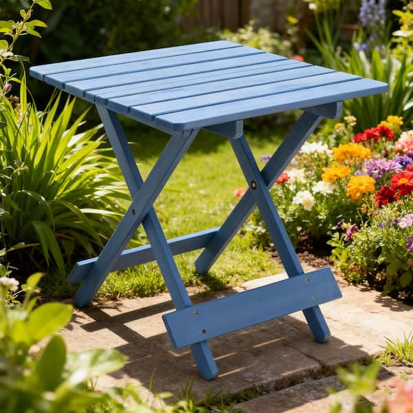 Blue Square Wood Outdoor Folding Side Table, Outdoor Portable