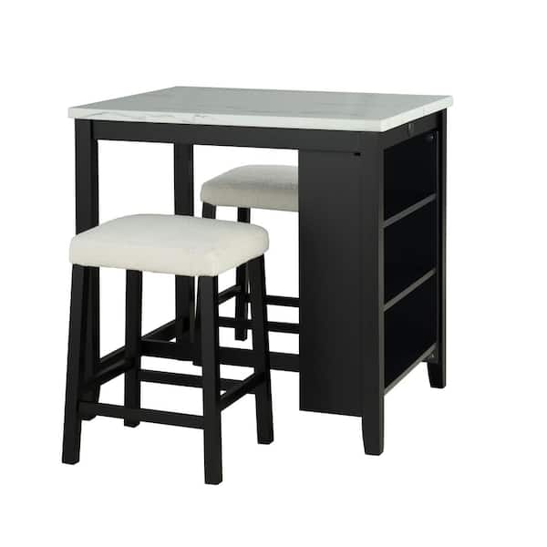 3-Piece Rectangle Black/White Wood Top Bar Table Set Dining Set with USB Charging and Boucle Upholstered Stools for 2
