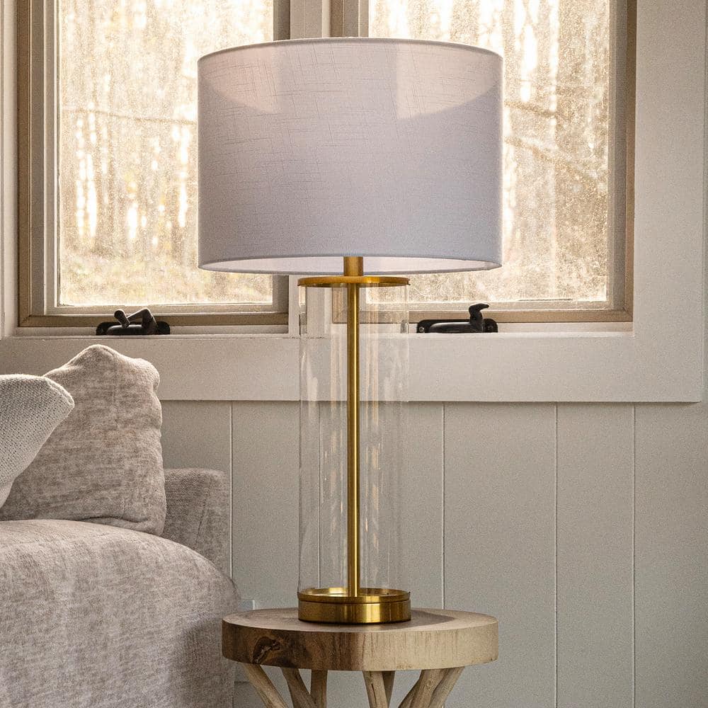 Collins 29" Clear Glass and Brass Table Lamp with White Drum Shade