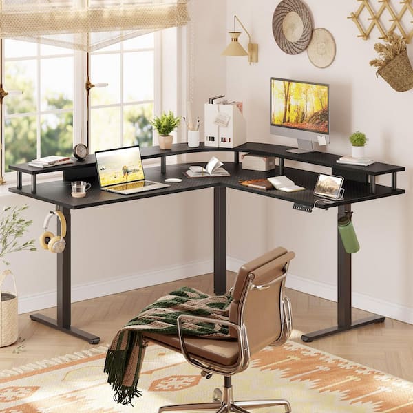 63 in. L-Shaped Black Carbon Fiber Wood Sit to Stand Desk with 3-Height Memory Presets and USB Port and Monitor Stand