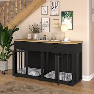 Black Wooden Accent Storage Cabinet with 2-Drawer, Dog Crates Cage Furniture for Large Dog