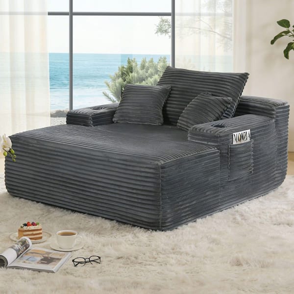Gray Plush Fur Chaise Lounge with Cup Holder, Sofa Bed, Oversized Chair with 2 Pillows, No Assembly Required