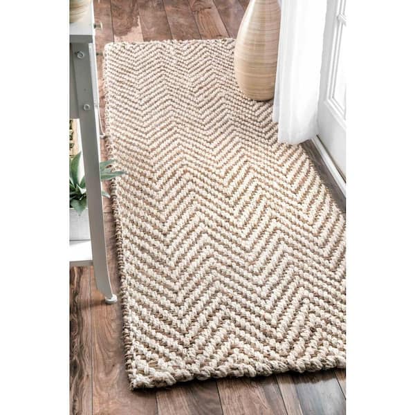 Vania Chevron Jute Off White 3 ft. x 12 ft. Runner Rug