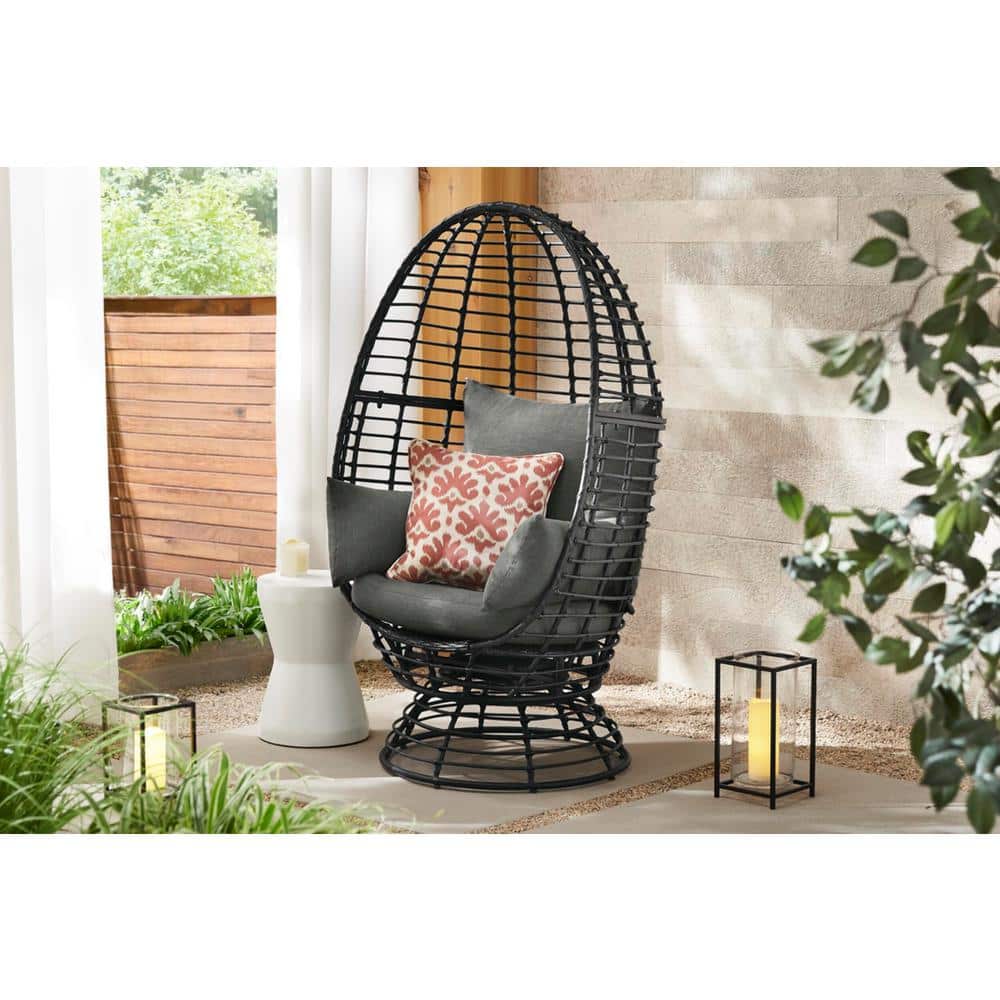 Black Wicker Outdoor Patio Egg Lounge Chair with Gray Cushions FRS50006B-BLK - The Home Depot
