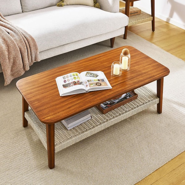 Norwood Mid-Century 47.25 in. Walnut Rectangle Wood Coffee Table with Woven Shelf