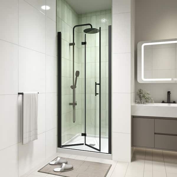 Modern 30 in. W x 72 in. H Bi-Fold Frameless Shower Door in Matte Black Finish with 1/4 in. (6mm) Clear Glass