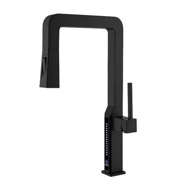 LED Temperature Digital Display Single Handle Pull Down Sprayer Kitchen Faucet with Swivel Spout in Matte Black