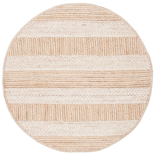 SAFAVIEH Natural Fiber Beige/Ivory 6 ft. x 6 ft. Woven Striped Round Area Rug