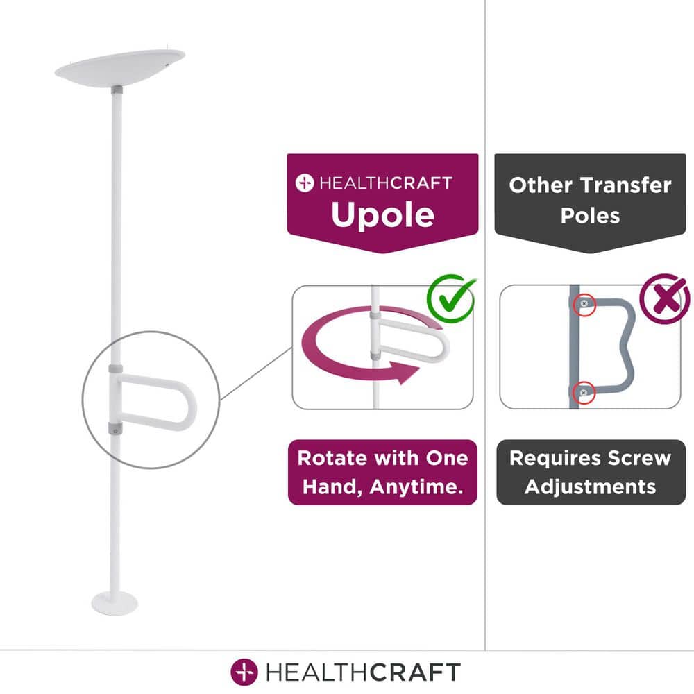 uPole With PivotBar 84-120 in. x 1.5 in. No Drill Floor-To-Ceiling Grab Bar, Transfer Pole (300 Lbs Capacity) in White