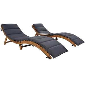 Brown 2-Pieces Wood Portable Outdoor Chaise Lounge Set, Foldable Table for Poolside and Garden with Dark Grey Cushions