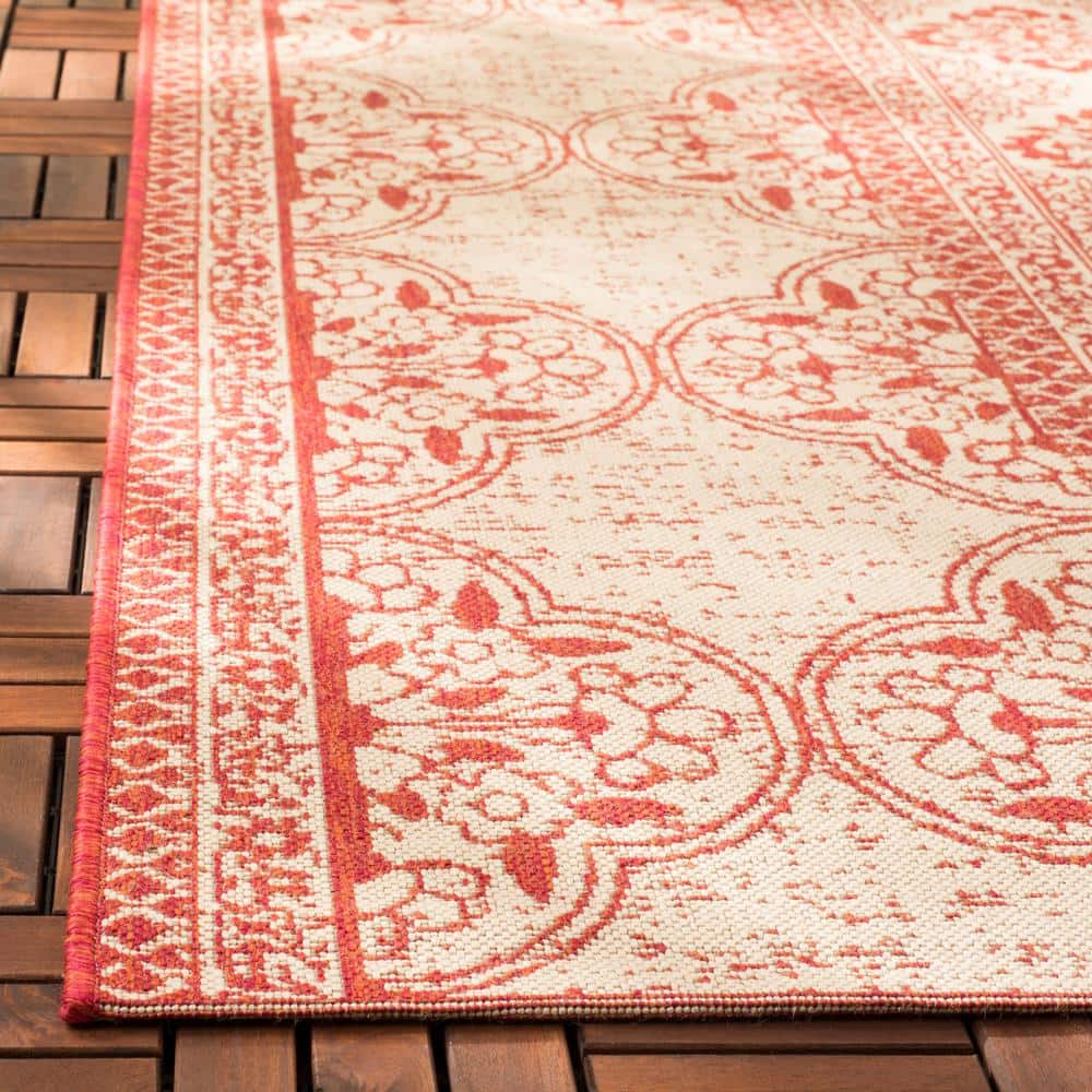 Red and Cream Square Synthetic Outdoor Area Rug