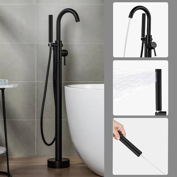 WOODBRIDGE Bourne Single-Handle Freestanding Floor Mount Tub Filler Faucet with Hand Shower in Matte Black