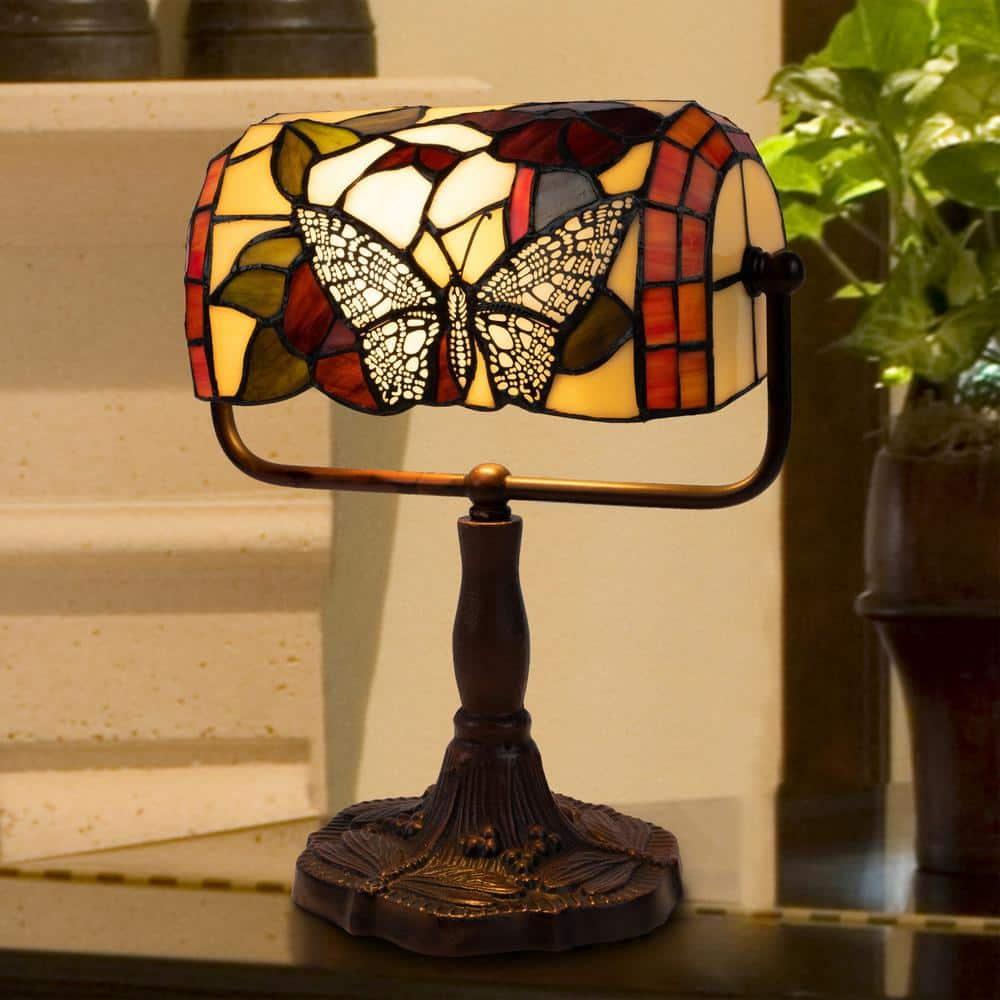 Vintage Tiffany Style Butterfly Table Lamp Stained Glass & Metal 8in outlet Tall