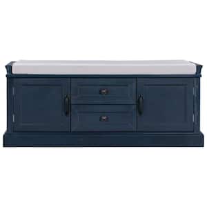 Antique Navy Pine wood frame and legs MDF panels Shoe Storage Bench with Removable Cushion 2-Drawers and 2-Cabinets