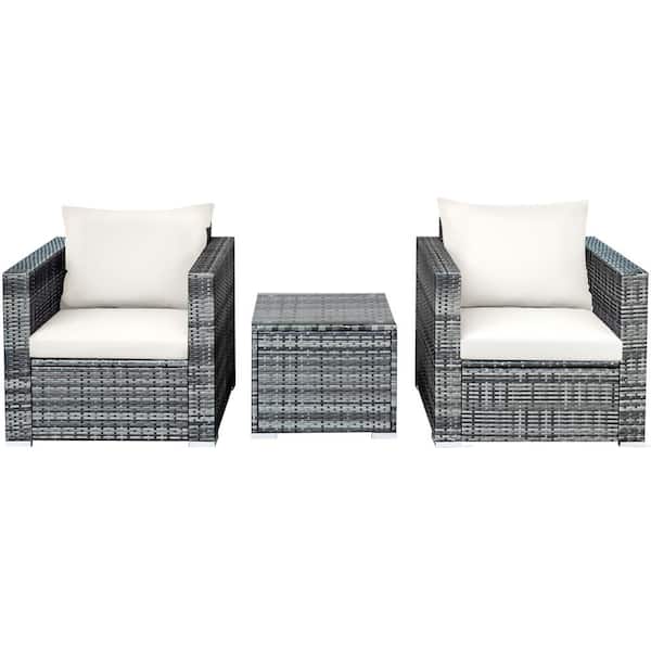 3-Piece Rattan Patio Conversation Furniture Set Outdoor Yard with White Cushion
