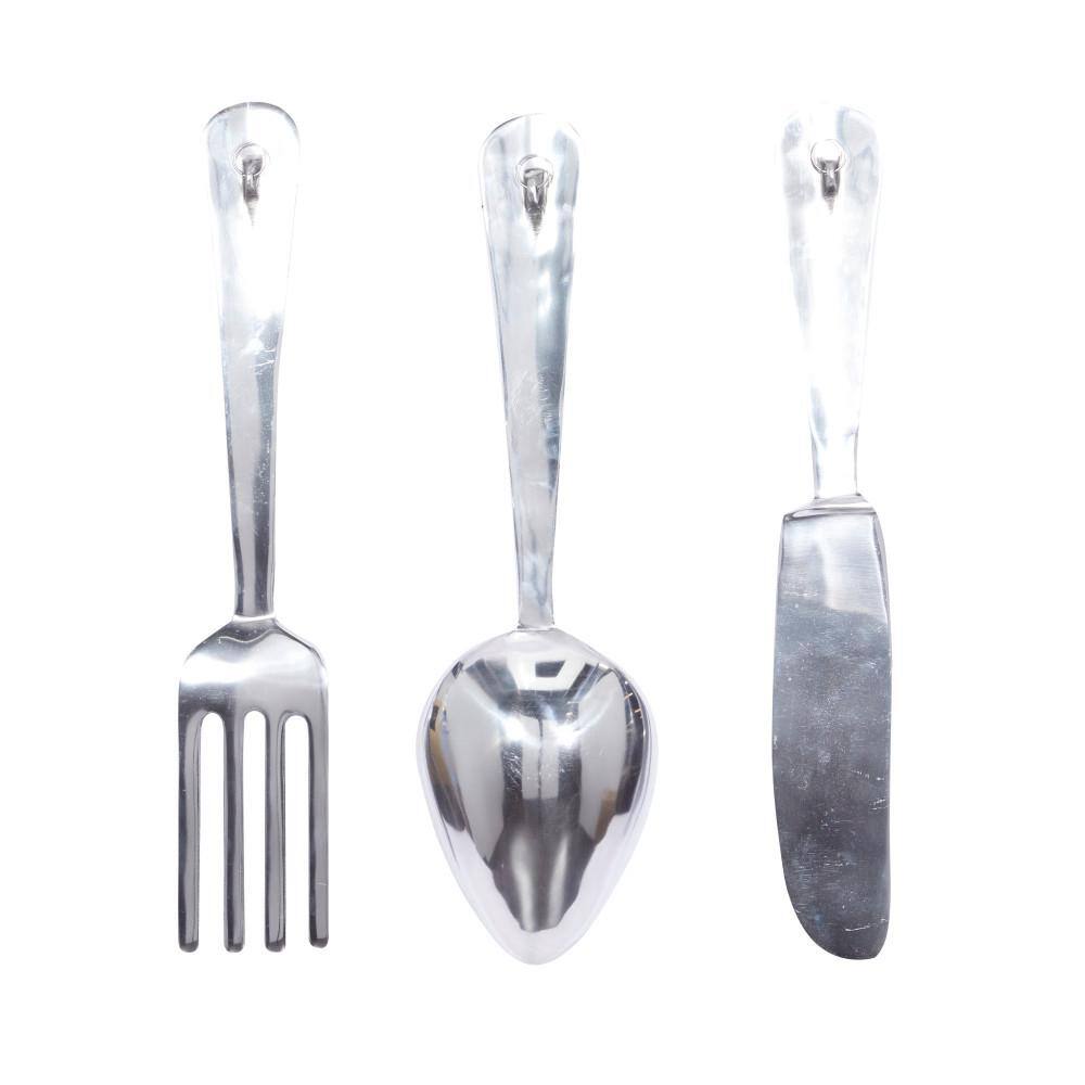 4" x 23" Set of 3 Aluminum Utensils Knife, Spoon and Fork Wall Decors Silver - Olivia & May
