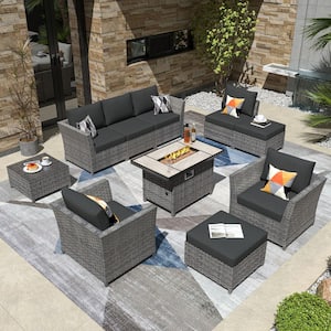 Bexley Gray 10-Piece Wicker Patio Rectangle Fire Pit Conversation Seating Set with Black Cushions