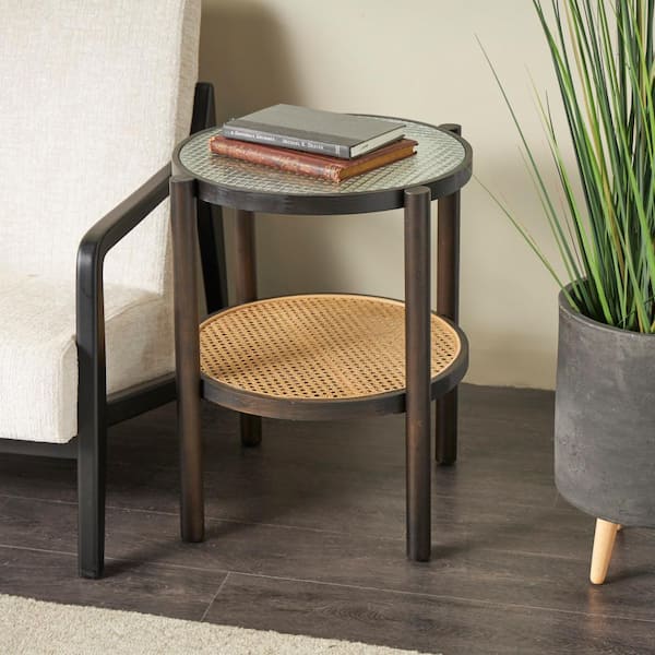 Litton Lane 19 in. Brown Large Round Glass End Table with Pressed Tempered Glass Top