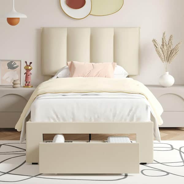 VECELO Bed Frame with Storage Drawer, Beige Metal Frame Twin Platform Bedframe with Adjustable Headboard & Wooden Slats Support