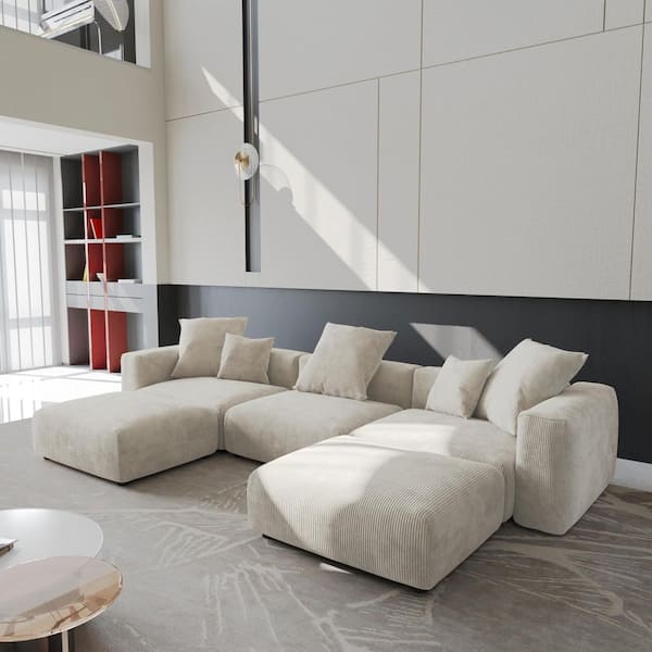141 in. Square Arm Corduroy Velvet 5 Pieces U Shaped Modular Free Combination Sectional Sofa with Removable in. Beige