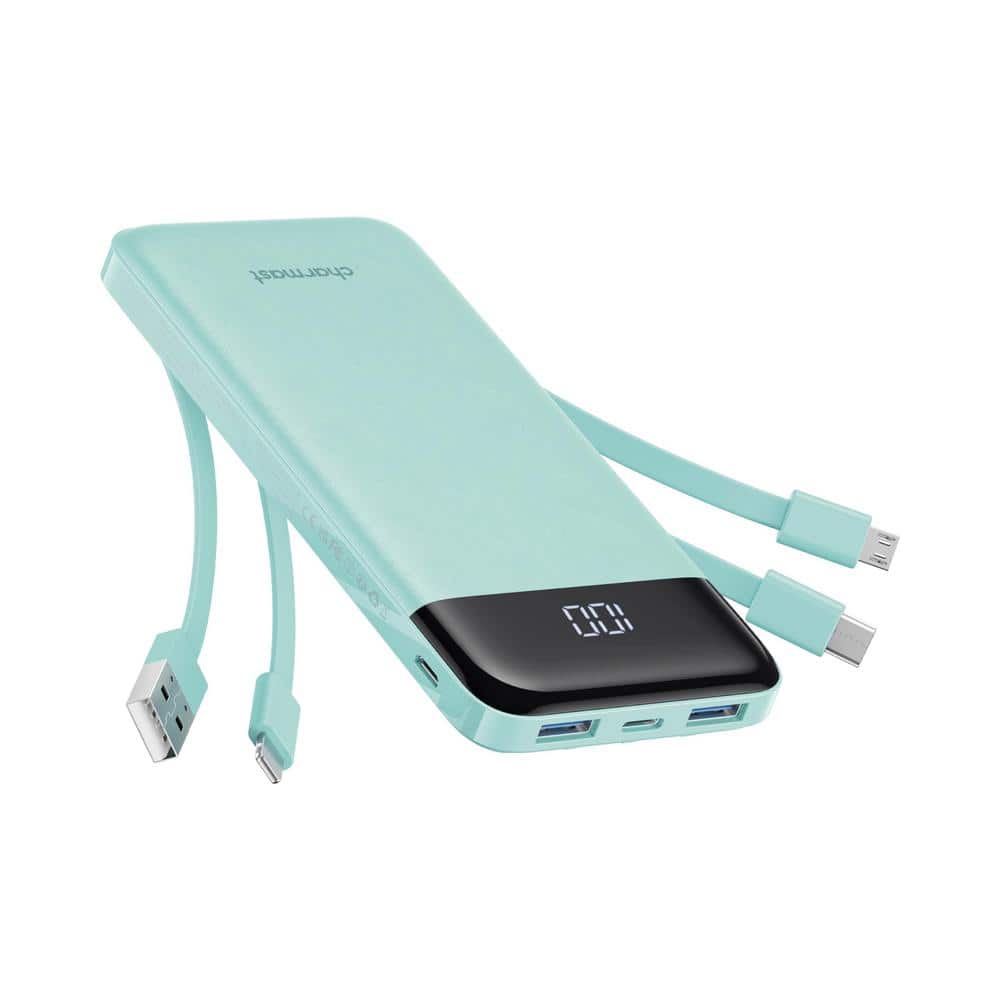 10000 mAh Portable Charger with Built in Slim Cables, 6 Outputs-Teal