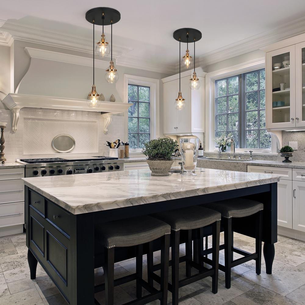 Matte Black and Gold 3-Light Glass Pendant Chandelier