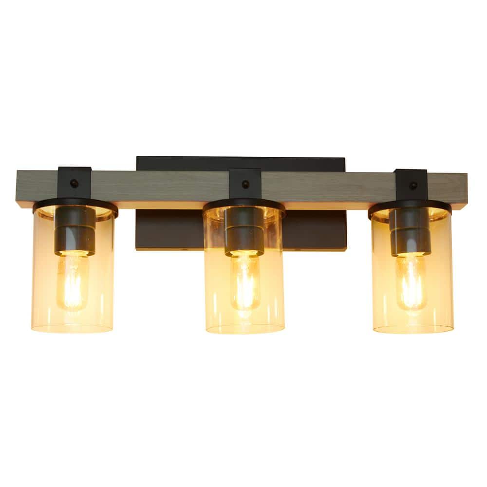 Rustic Restored Wood Look 3-Light Bath Vanity with Glass Shades
