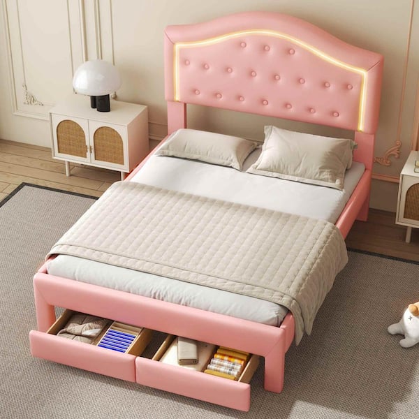 Pink Wood Frame Full Platform Bed with Tufted Headboard