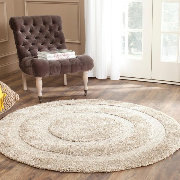 Florida Shag Beige 5 ft. x 5 ft. Round Border Area Rug