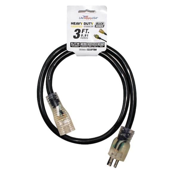 LifeSupplyUSA 12/3 3 ft. SJTW 15 Amp, 125-Volt 1875-Watt Lighted End Indoor/Outdoor Black Heavy-Duty Extension Cord (5-Pack)