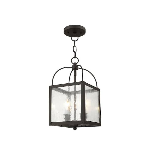 Livex Lighting Milford 60-Watt 2-Light Bronze Lantern Pendant Light with Seeded Glass Shade and No Bulbs Included