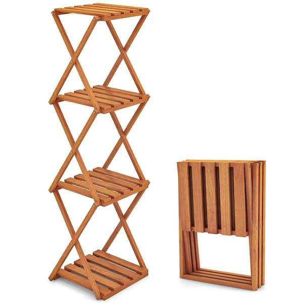 4-Tier Folding Wood Plant Stand w/ Slatted Layers Stable X-shaped Structure