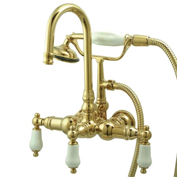 Aqua Eden Porcelain Lever 3-Handle Claw Foot Tub Faucet with Handshower in Polished Brass