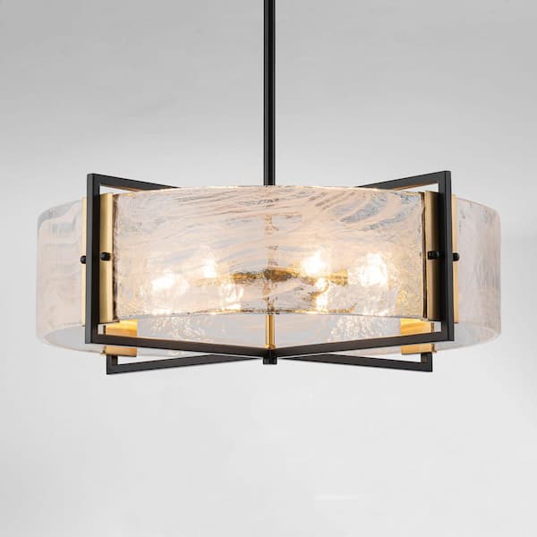 6-Light Black & Gold Finish Modern Farmhouse Drum Pendant Chandelier for Foyer with White Cloud Glass ,No Bulb Included