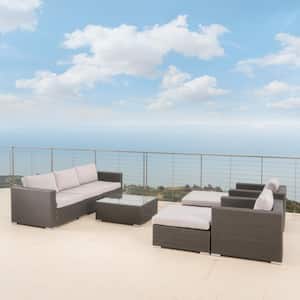 Santa Rosa Gray 8-Piece Faux Rattan Patio Conversation Set with Silver Water-Resistant Cushions